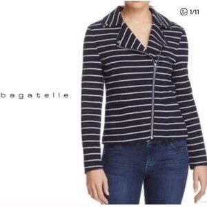 Bagatelle Y Navy & White Pocketed Striped Zipper Moto Sweater Jacket